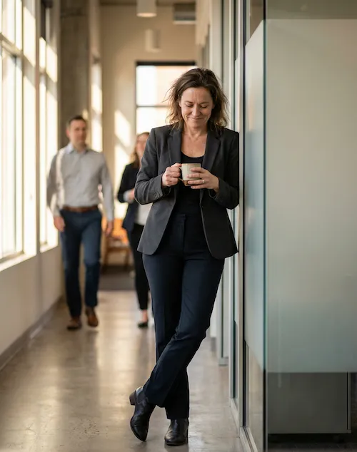 Professional in a quiet moment after a successful conversation